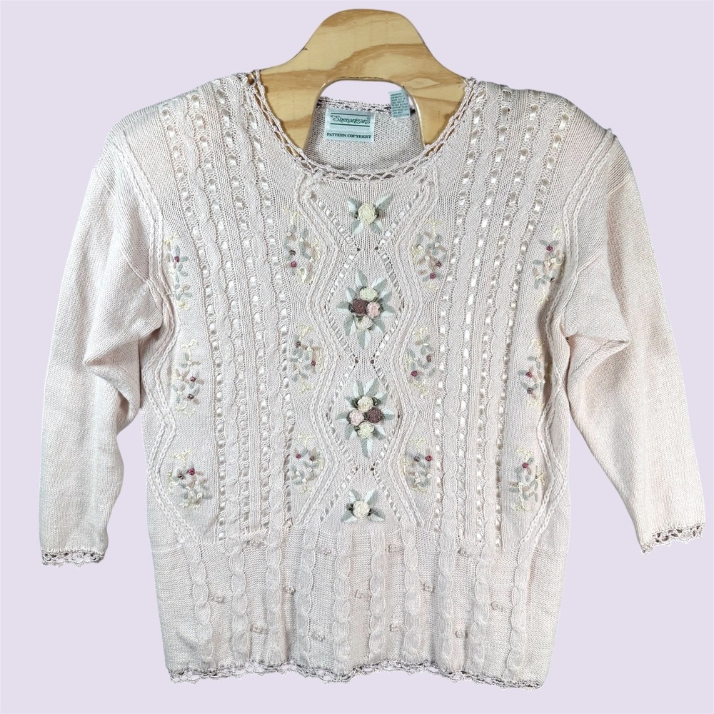 Shenanigans Floral Embroidered Knit Sweater Women Large Pink Grandmacore Vintage